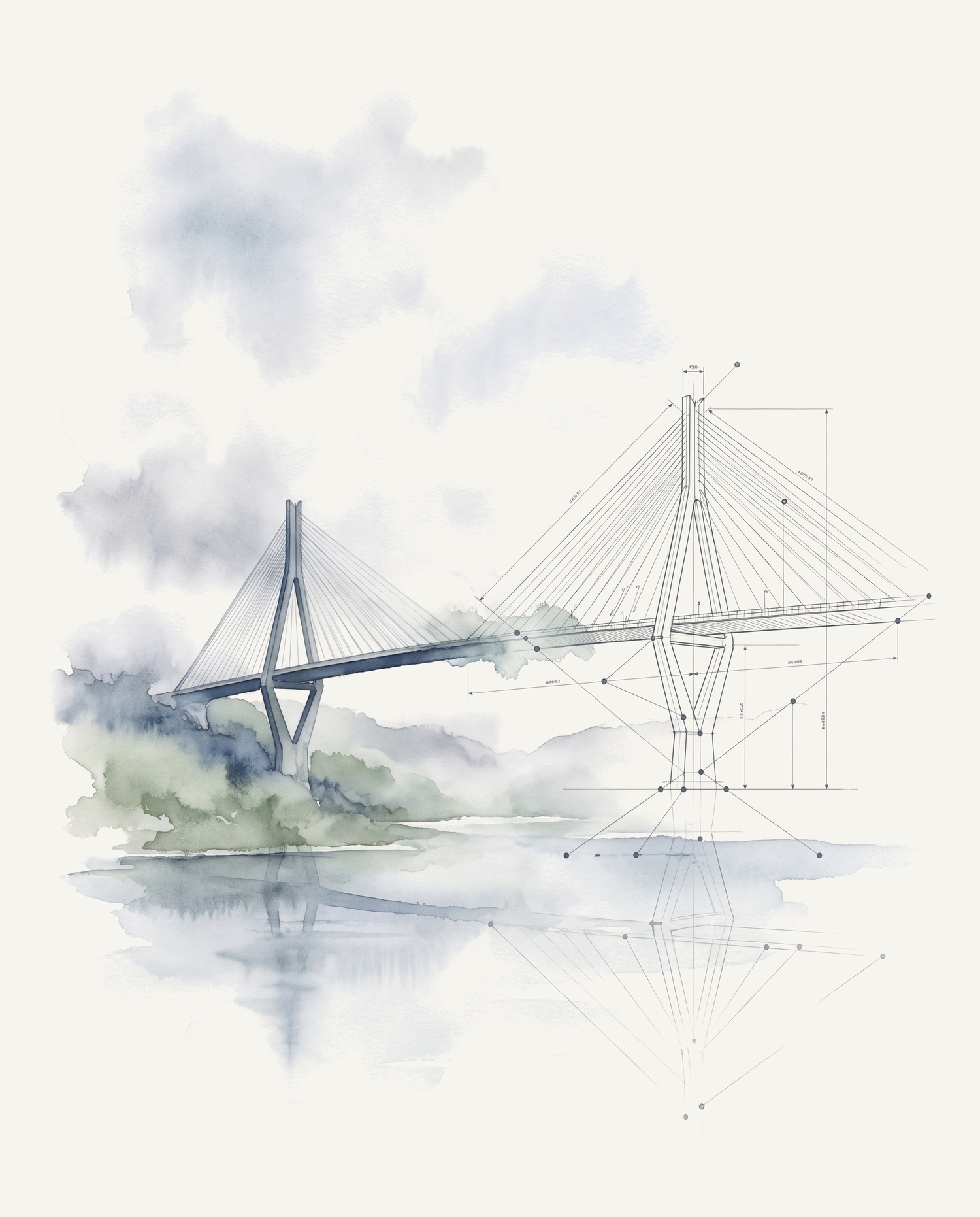 Watercolour bridge dissolving into a precise blueprint wireframe